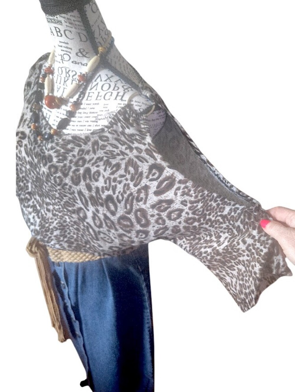 Y2K Animal Print Cutout Cold Shoulder Dolman Sleeve Knit Top Large Gray Brown - Picture 4 of 11